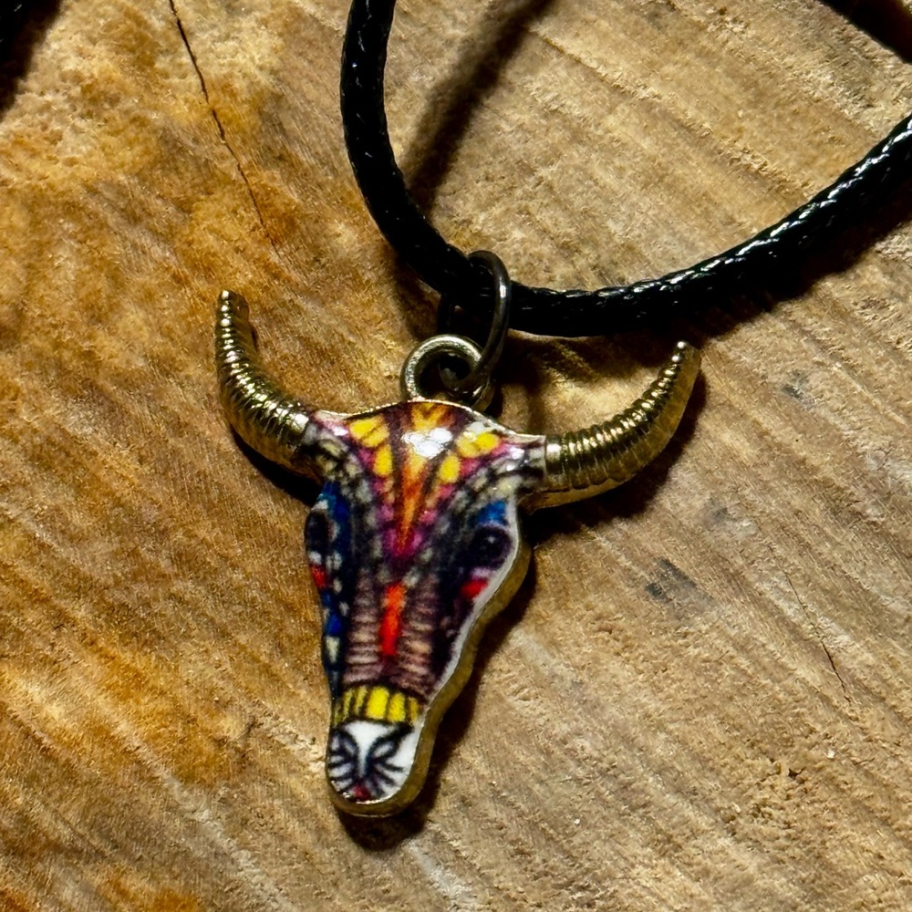 Colorful Bull Skull Pendant Necklace